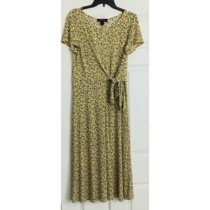 Perception New York Dress Women's Size L Yellow Floral Pullover Midi Belted Ties